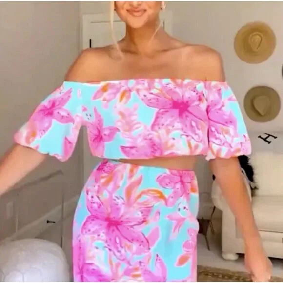NWT Lilly Pulitzer Esmeray Midi 2PC Set Puff Sleeve Surf Blue Bonita Blooms Sz L - Picture 3 of 16